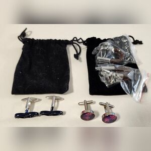 Lot Of 3 Gentlemens Collection Cuff Links Mustache Leather & Gemstone Design